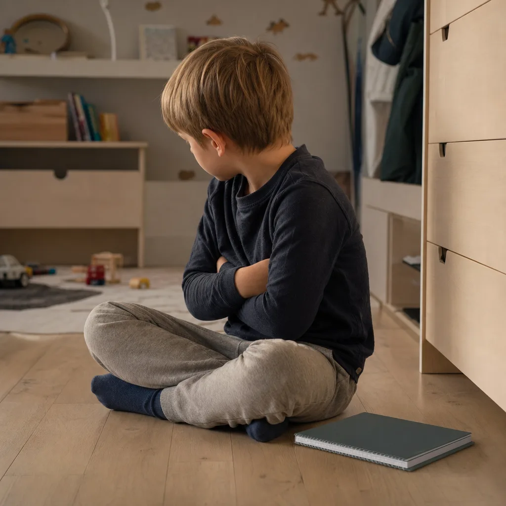 Ett barn som sitter med armarna i kors på golvet i barnrummet bredvid ett stängt räknehäfte, sen eftermiddag