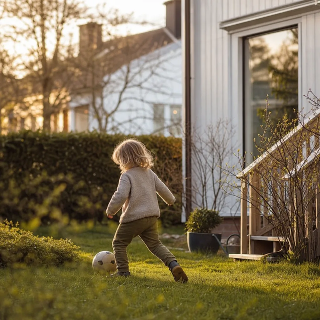 Ett barn som leker i en trädgård nära ett bostadshus i kvällsljus