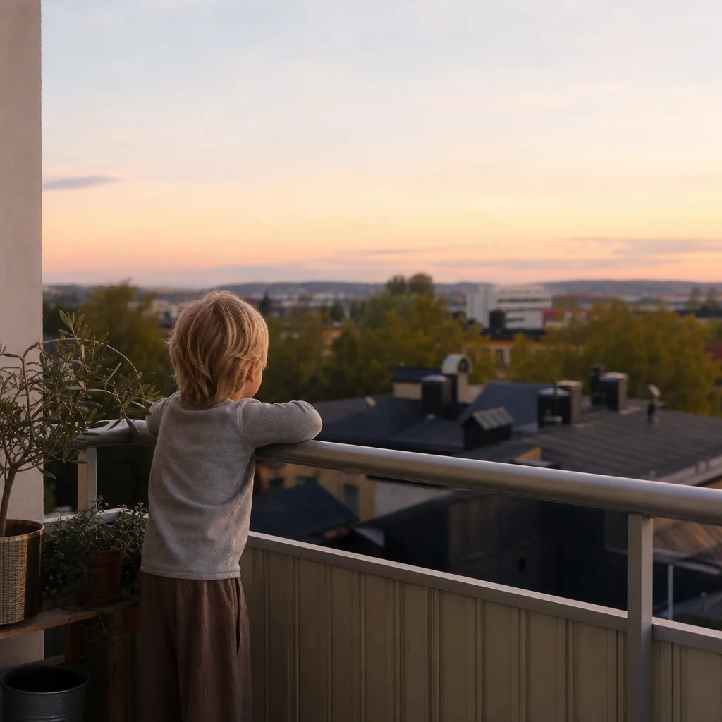 Ett barn som står på en balkong och tittar ut över taken i skymningen