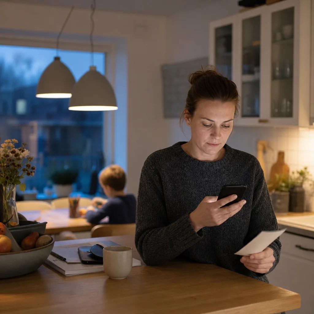 En förälder tittar på mobilen med ett kvitto i handen vid köksbänken en kväll