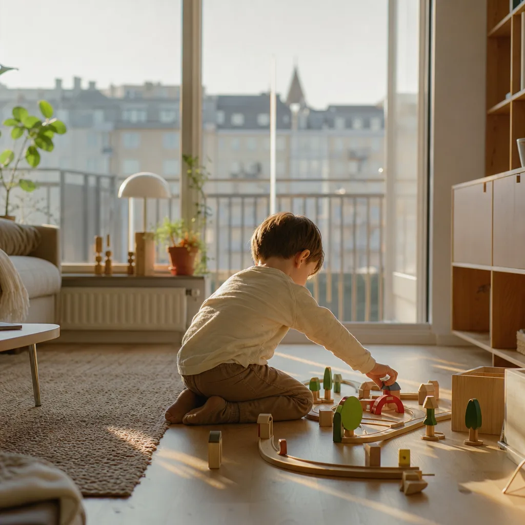 Ett barn som leker på golvet i en lägenhet med stadsvy genom fönstret