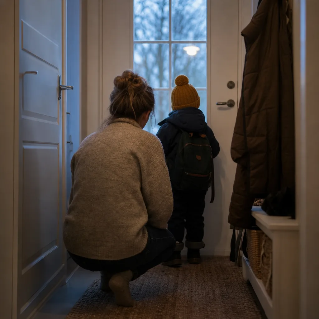 En vuxen möter ett barn i tamburen med ytterkläder på en kväll