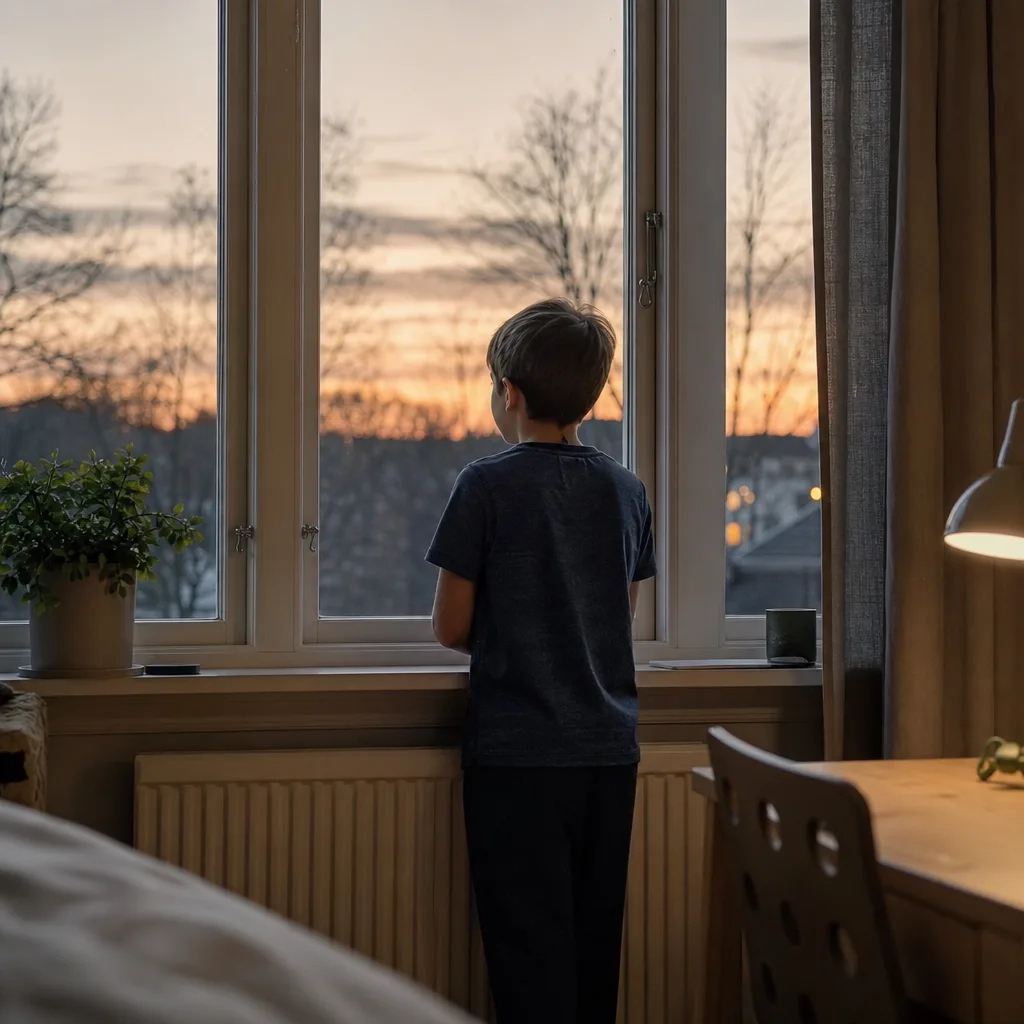 Ett äldre barn som står vid fönstret hemma i skymningen