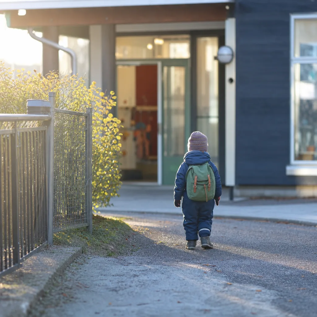 Ett barn med ryggsäck vid en förskoleentré på morgonen