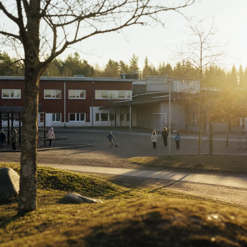 Barn som leker på en skolgård efter skoltid i eftermiddagsljus