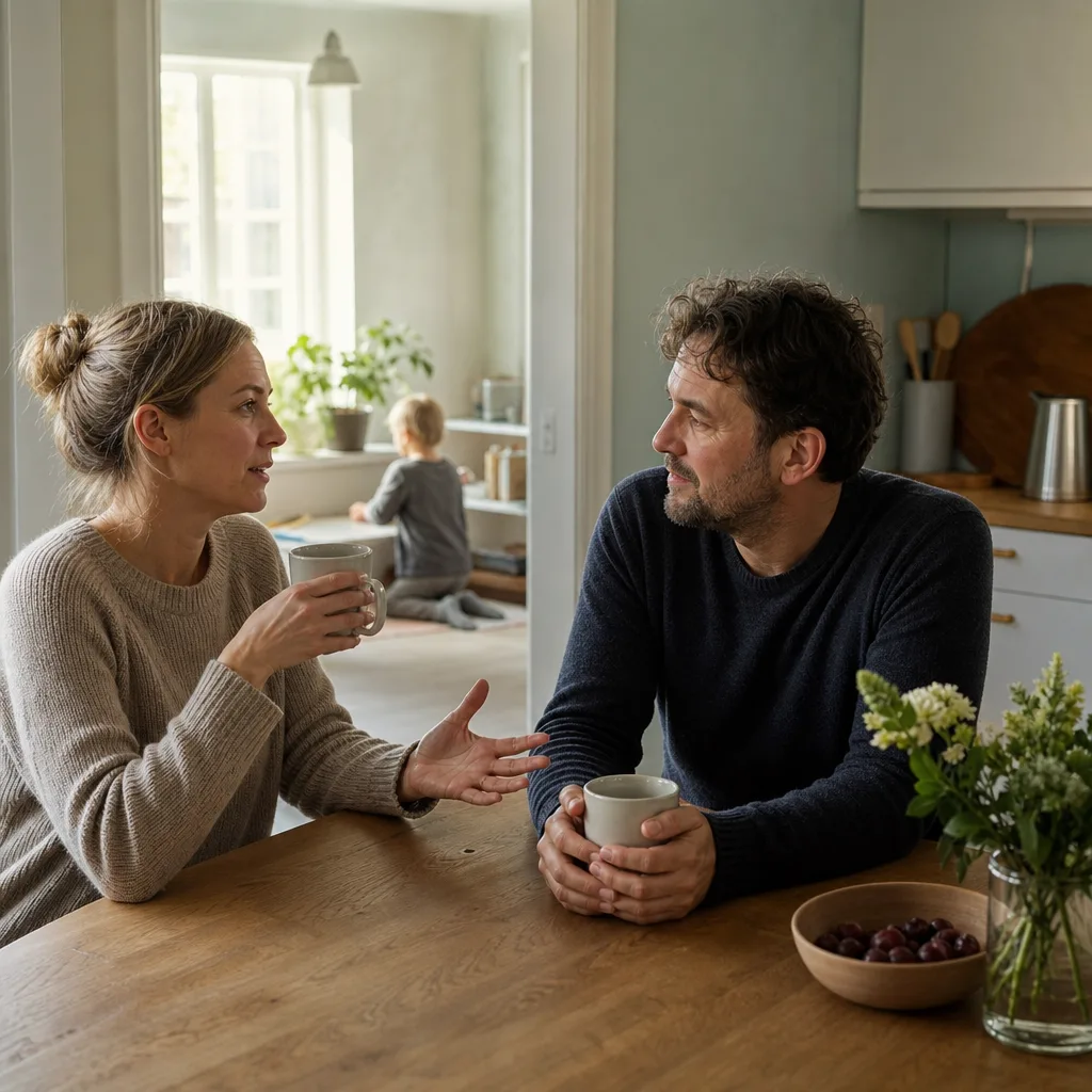 Två vuxna som samtalar vid ett köksbord med kaffekoppar mellan sig i förmiddagsljus