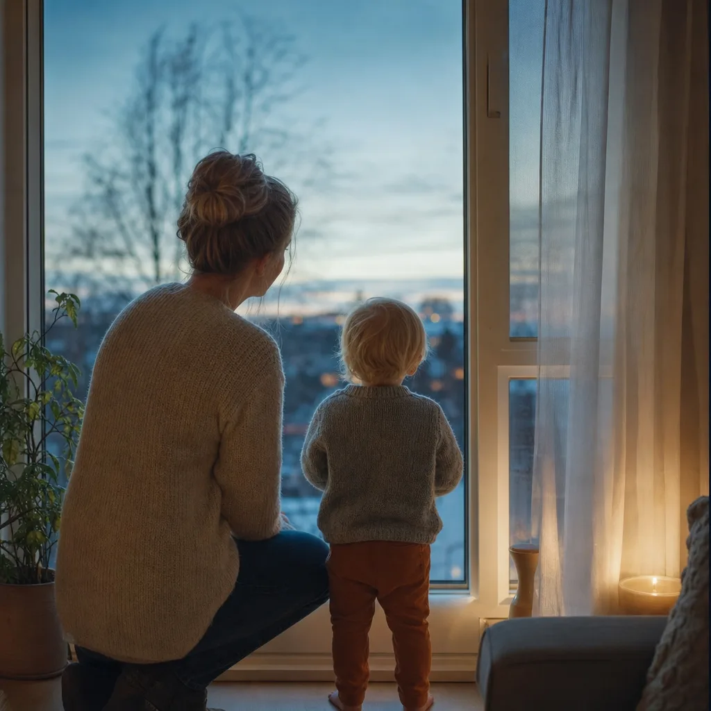 Barnvakt och barn som tittar ut genom fönstret i skymningen