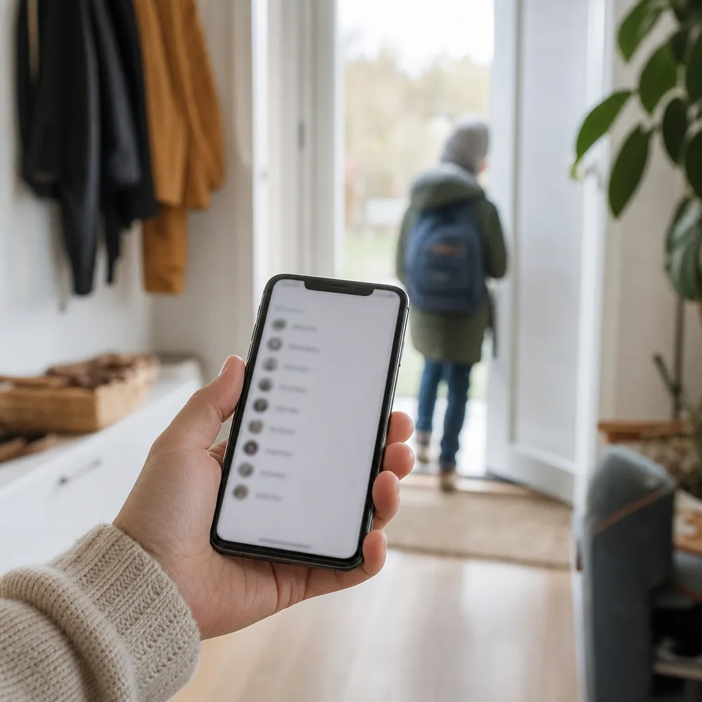 En hand som håller en mobiltelefon med en kontaktlista, i neutralt ljus