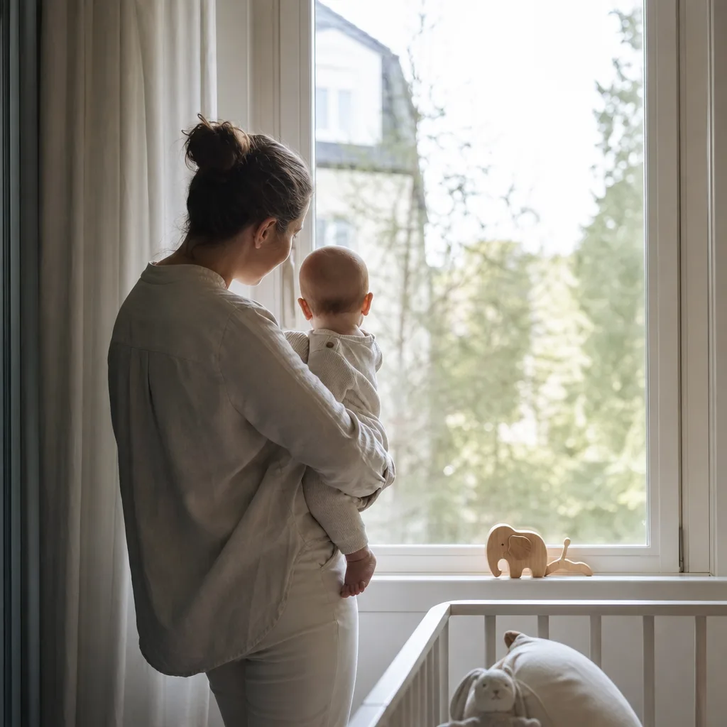 Vuxen som håller ett spädbarn vid fönstret i barnkammaren