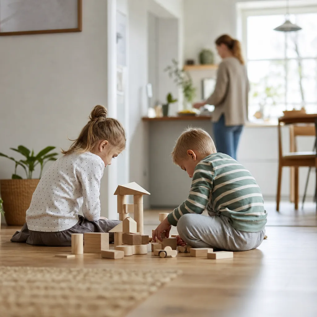 Två syskon som leker med klossar på golvet