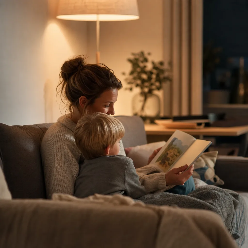 En barnvakt läser en bok för ett barn i soffan en vardagskväll