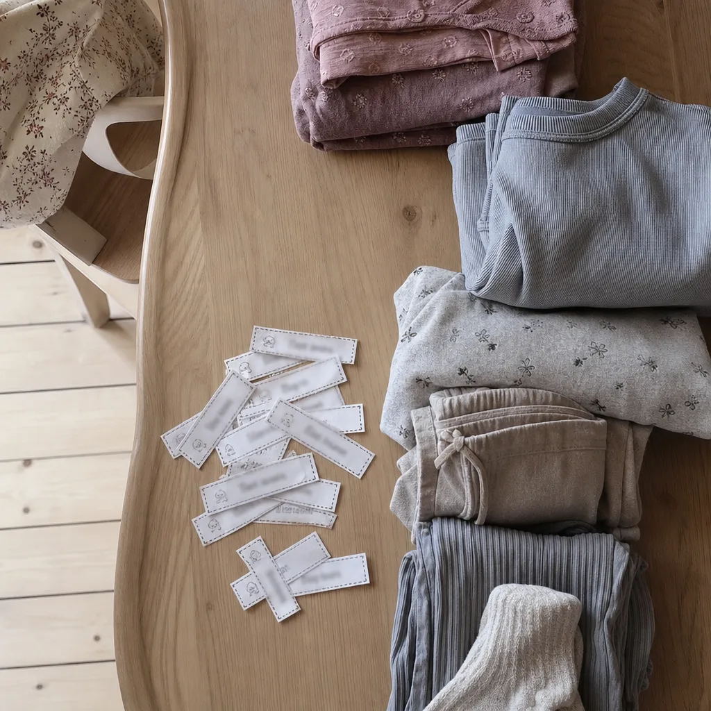 Namnlappar och vikta kläder på ett bord, sedda ovanifrån