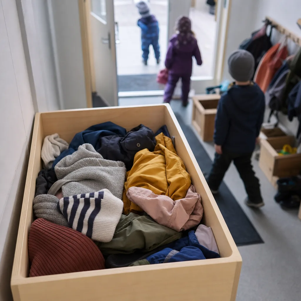 Hittegodslåda med omärkta kläder i en förskoleentré