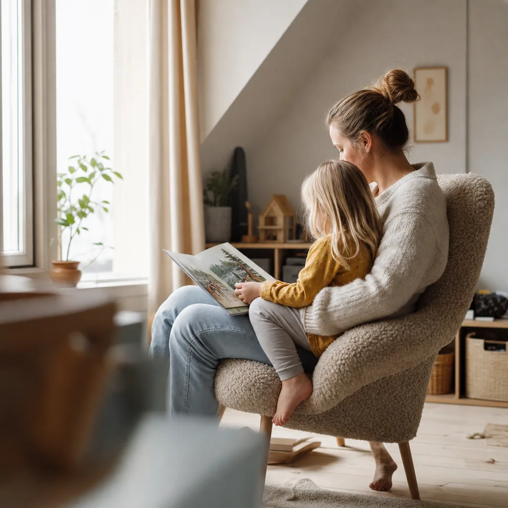 Ett litet barn sitter i knät på en förälder i en fåtölj och tittar i en engelsk bilderbok
