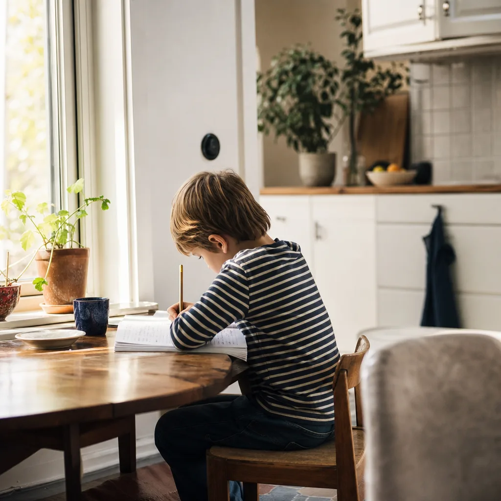 Ett barn sitter vid köksbordet med en enkel engelsk övningsbok och en penna i morgonljus