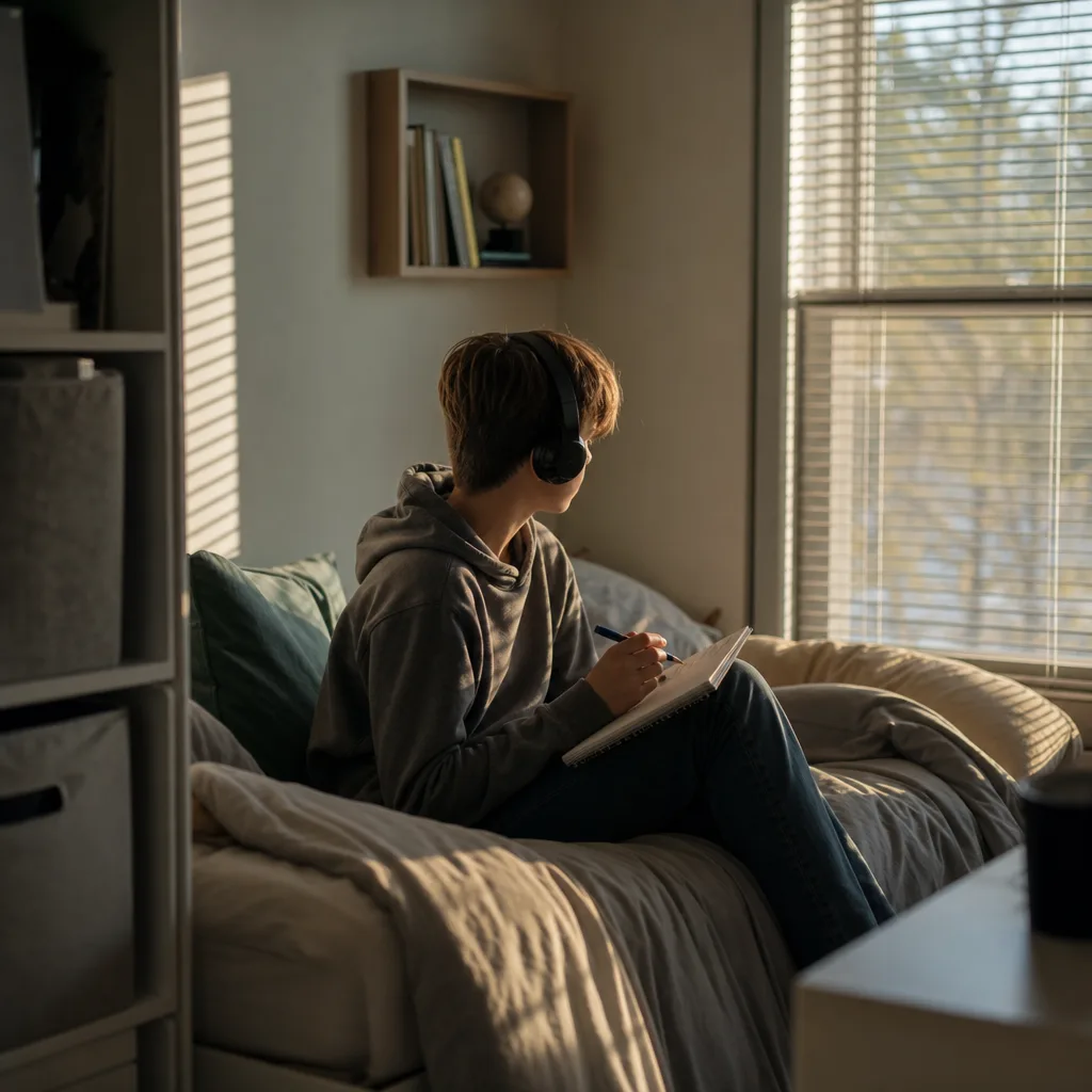 Ett äldre barn sitter på sin säng med hörlurar och ett anteckningsblock i eftermiddagsljus genom persienner