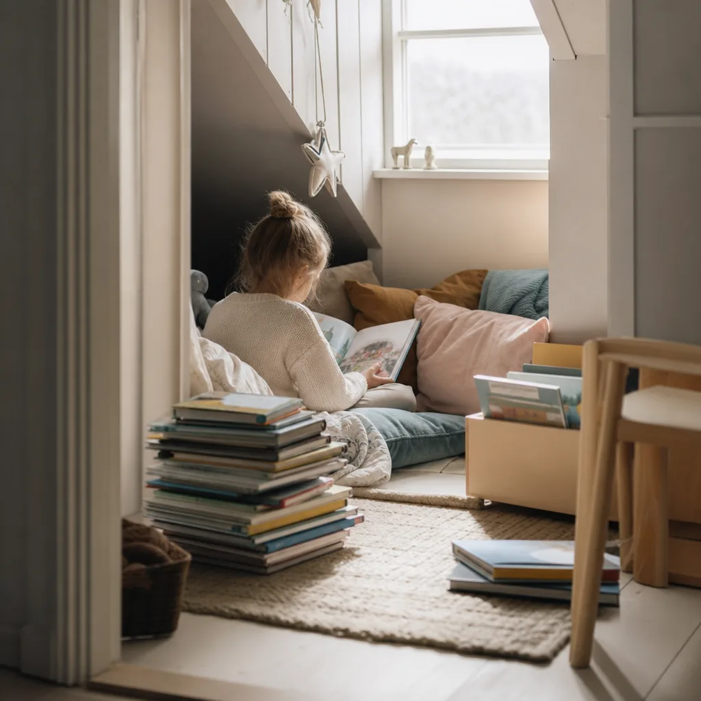 Ett barn i en läshörna med kuddar och en hög engelska barnböcker