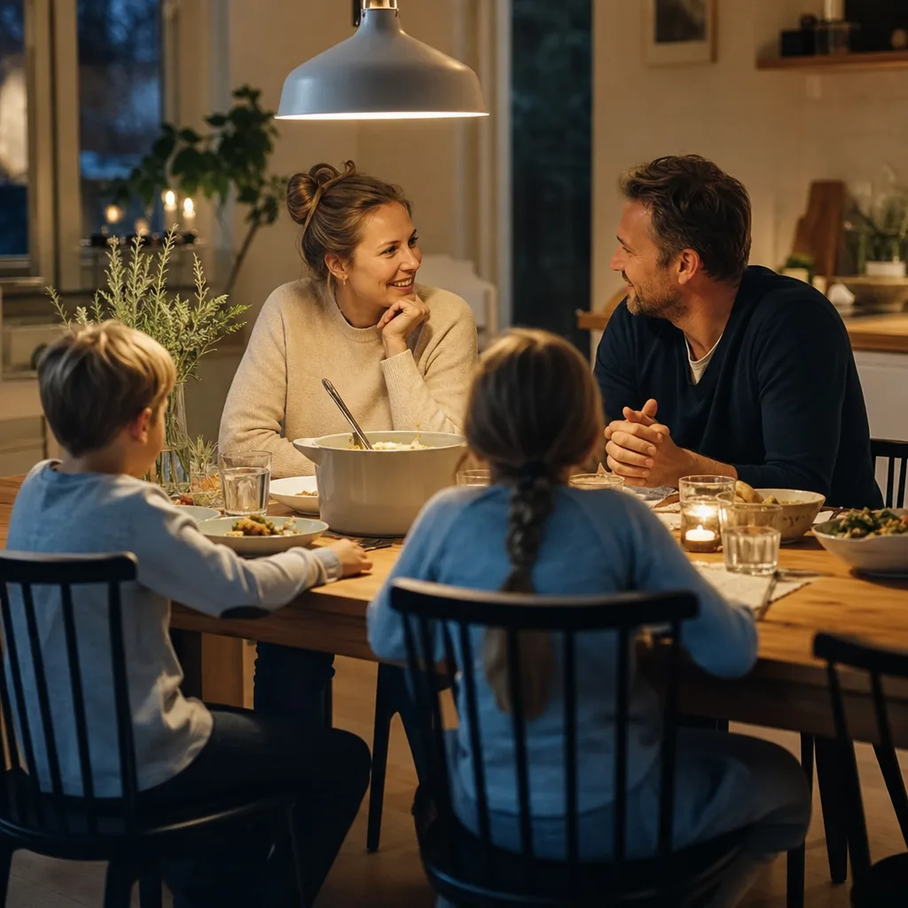 En familj sitter vid matbordet på kvällen i ett avslappnat samtal med varmt inomhusljus