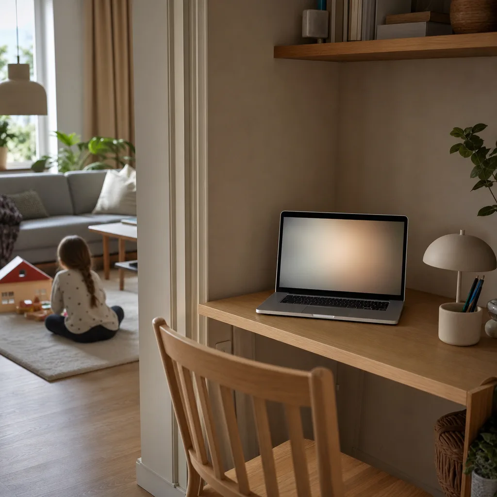 En bärbar dator på ett litet skrivbord i ett hörn av vardagsrummet en eftermiddag