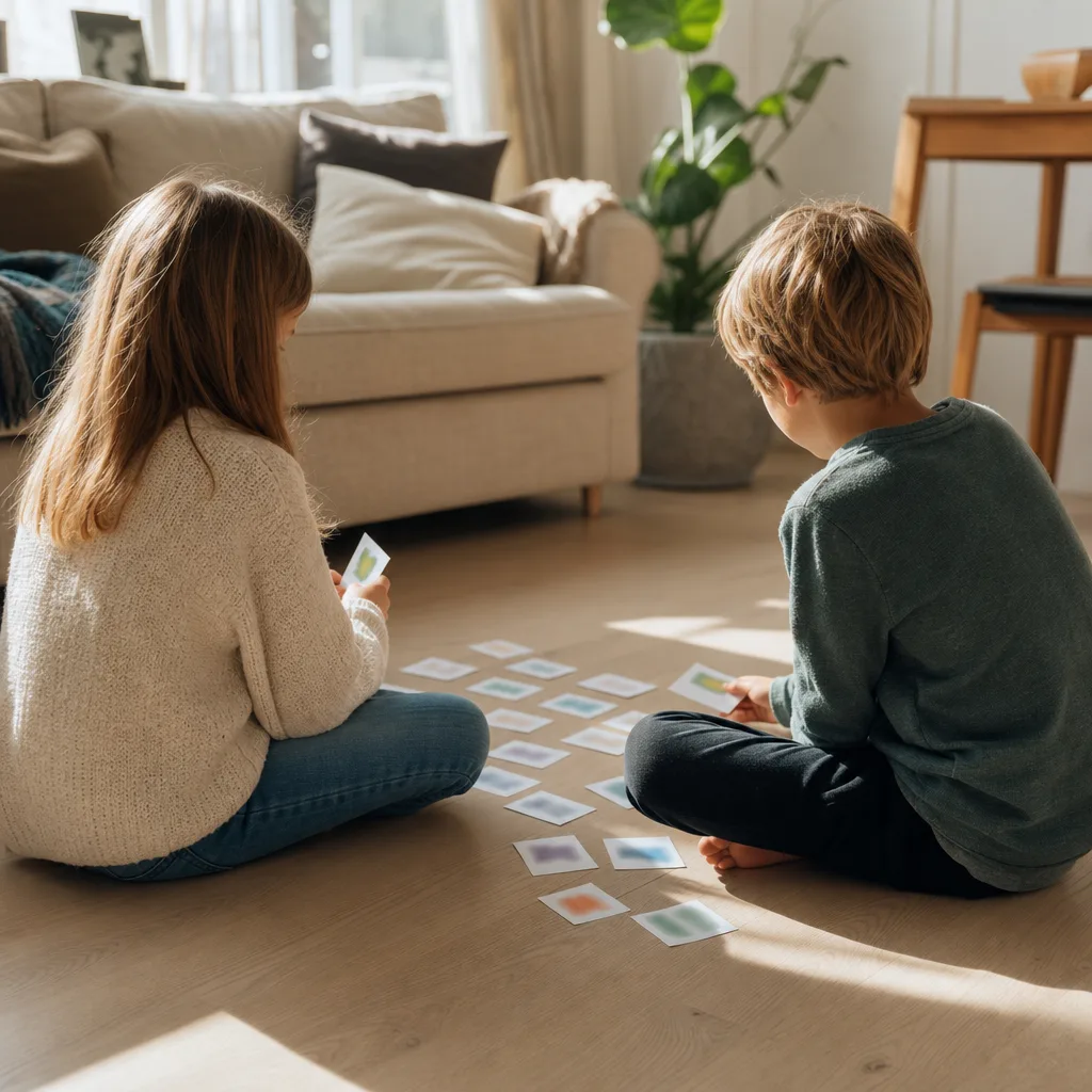 Två barn som sitter på vardagsrumsgolvet och spelar ett kortspel med engelska ord