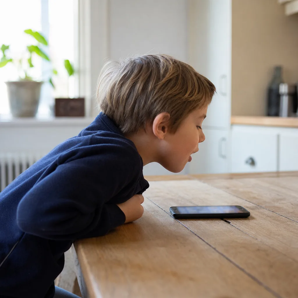 Ett barn i profil pratar nära en mobiltelefon på köksbordet i förmiddagsljus