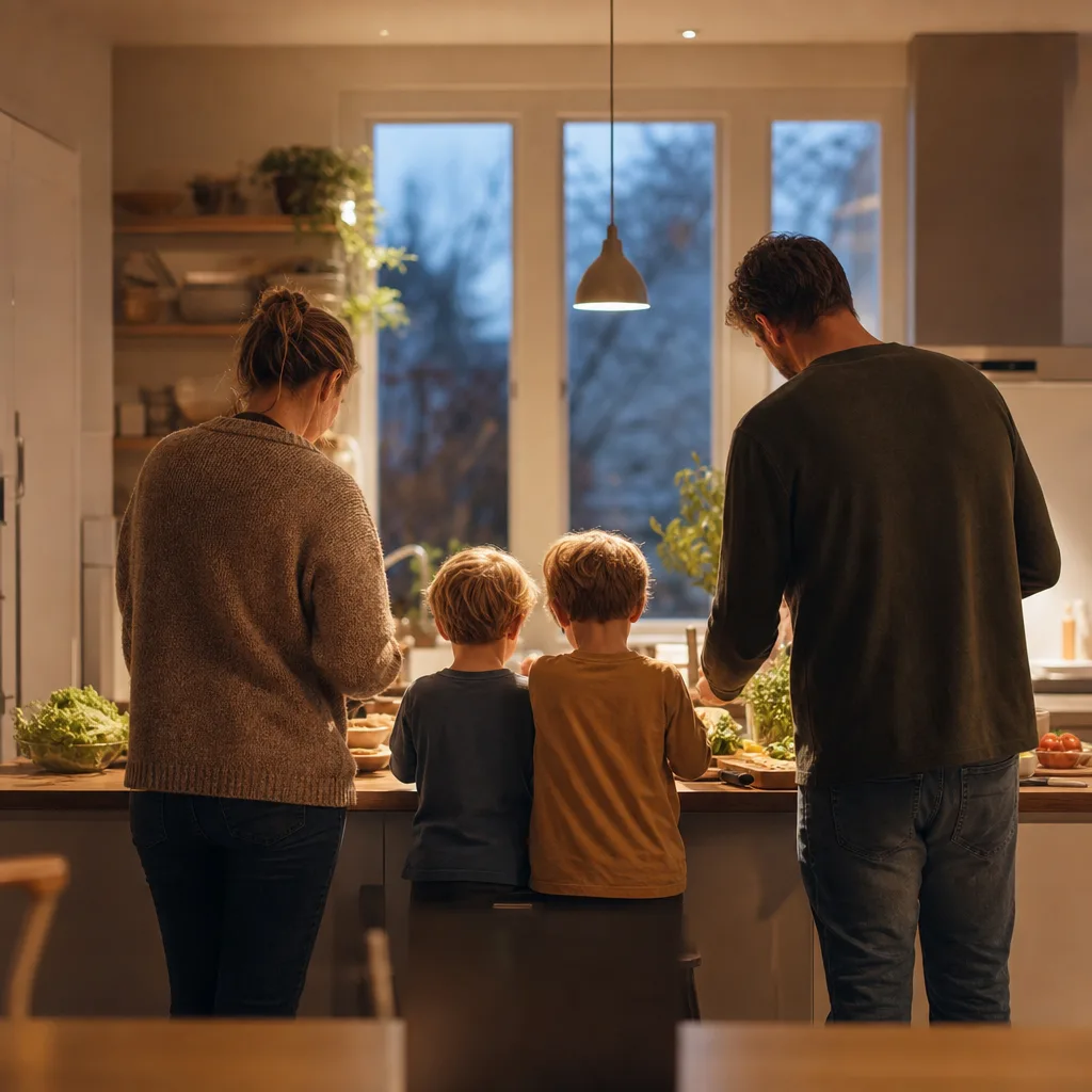En familj som lagar mat tillsammans i köket, sedda bakifrån