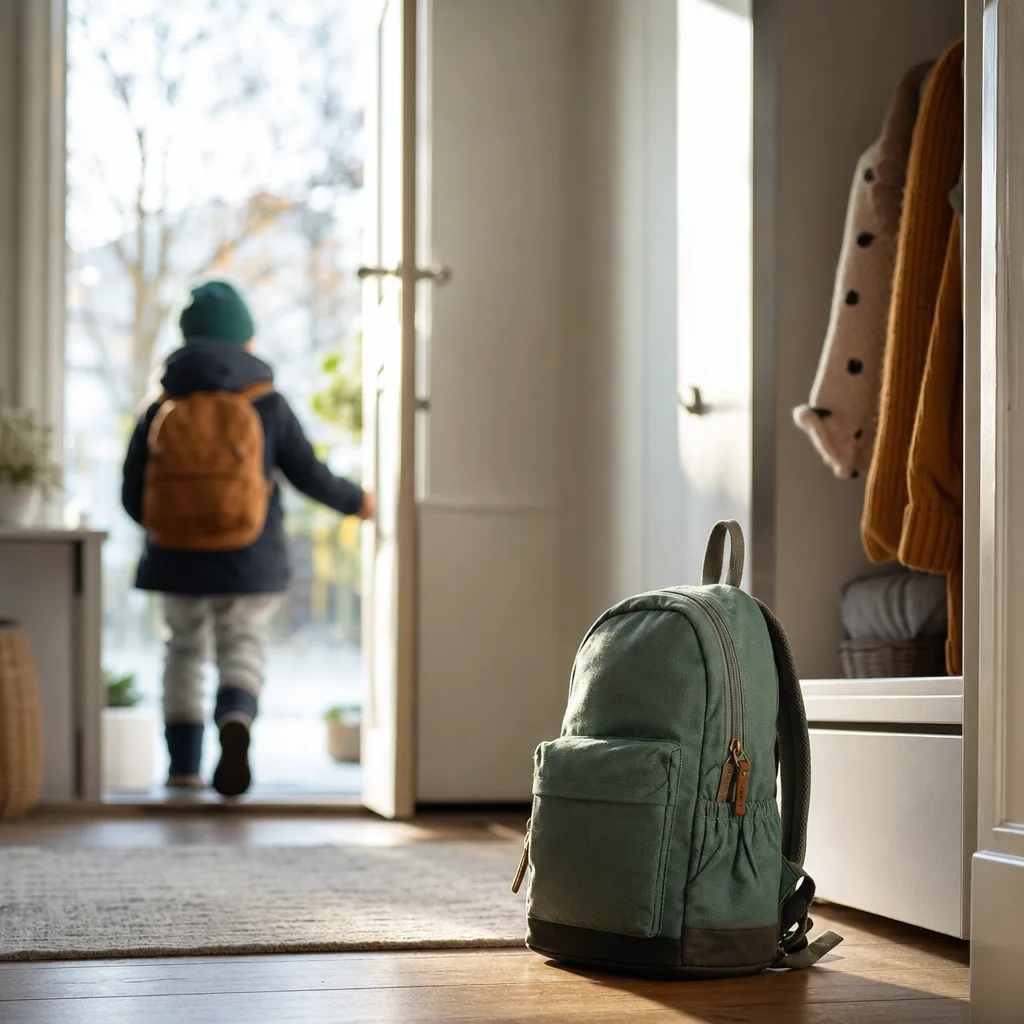 En liten packad ryggsäck som står redo vid ytterdörren en tidig morgon