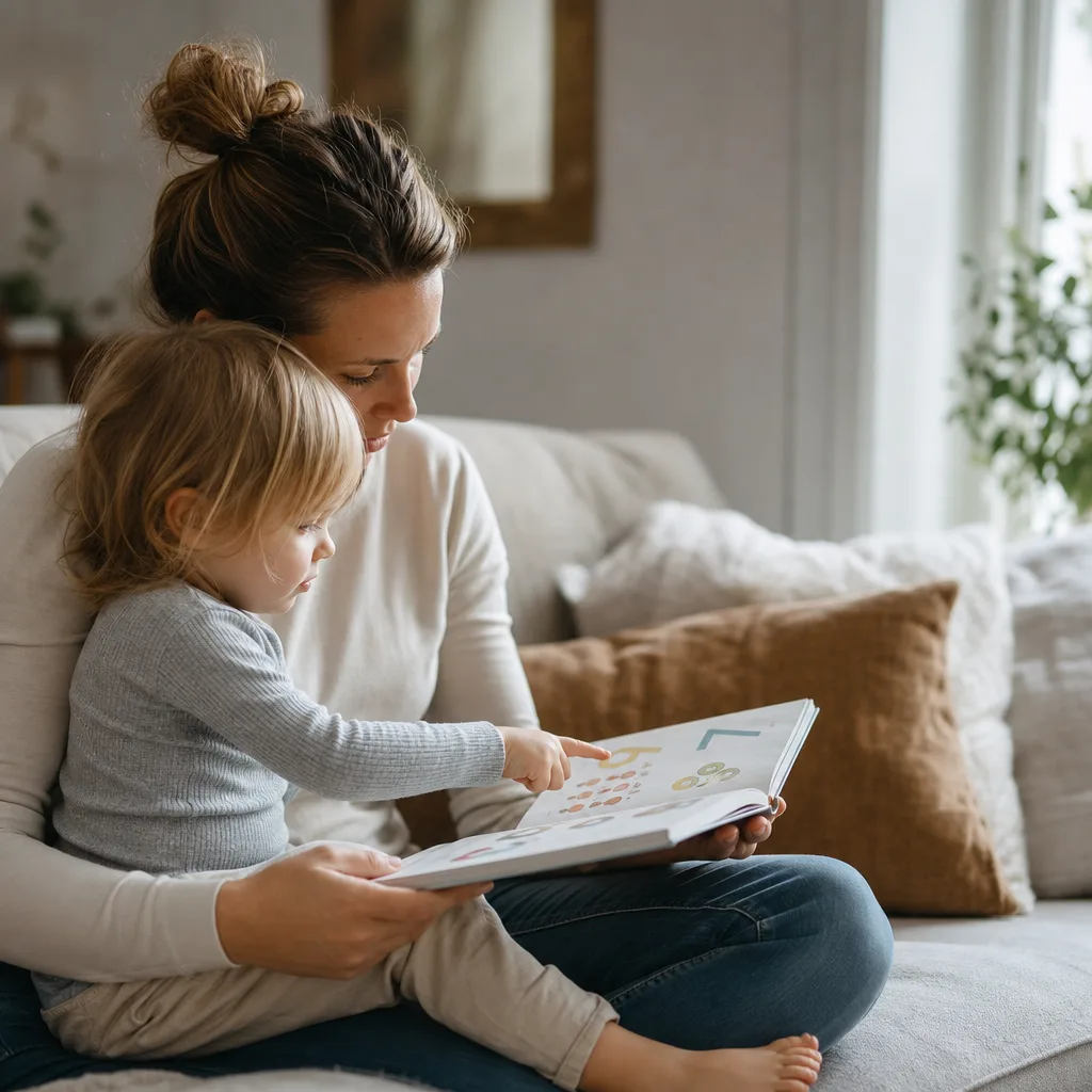 Ett barn sitter i knät på en förälder i soffan och pekar på siffror i en bilderbok en förmiddag