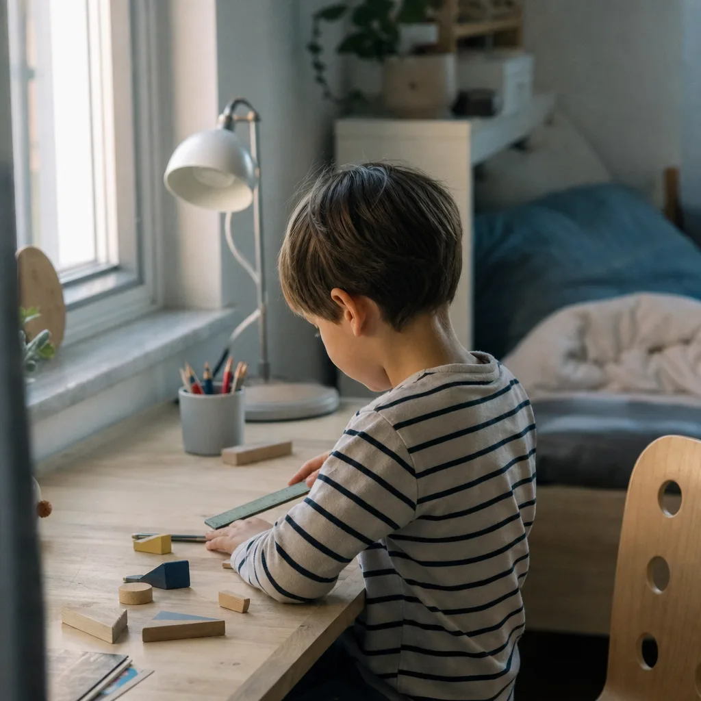 Barn vid ett skrivbord med linjal och geometriska träformer i dagsljus
