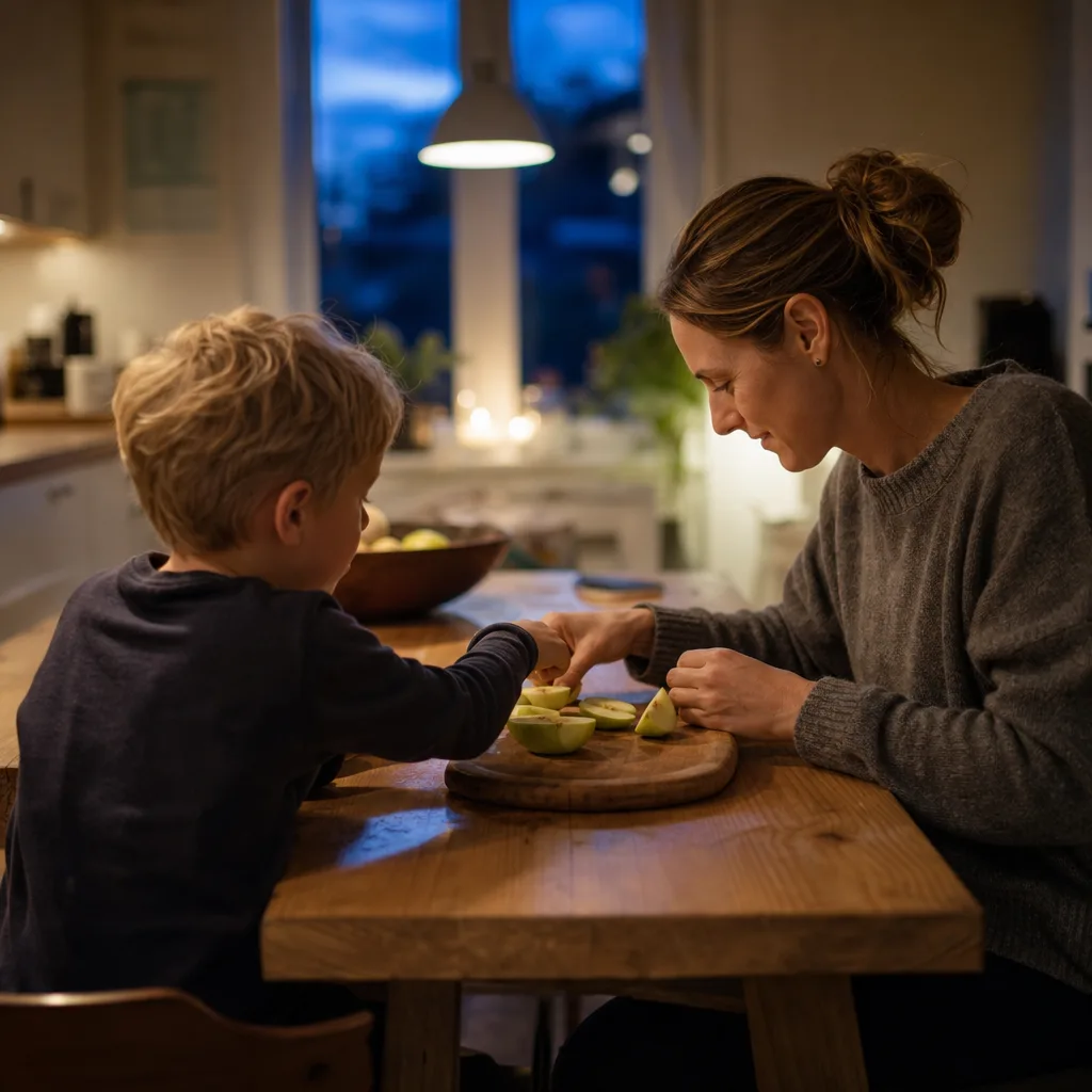 Barn och förälder som delar en frukt i bitar vid köksbordet för att öva bråk