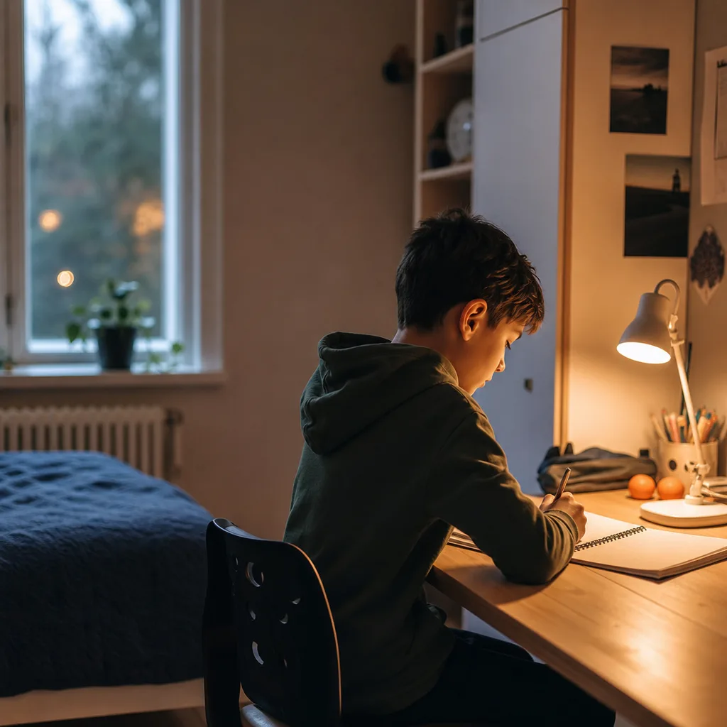 Äldre barn vid ett skrivbord med anteckningsblock en kväll