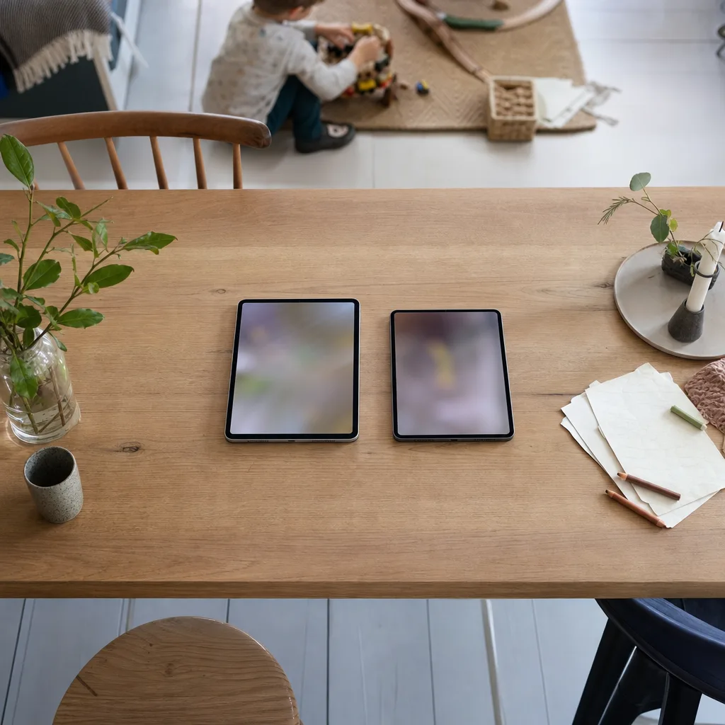 Två surfplattor bredvid varandra på ett köksbord