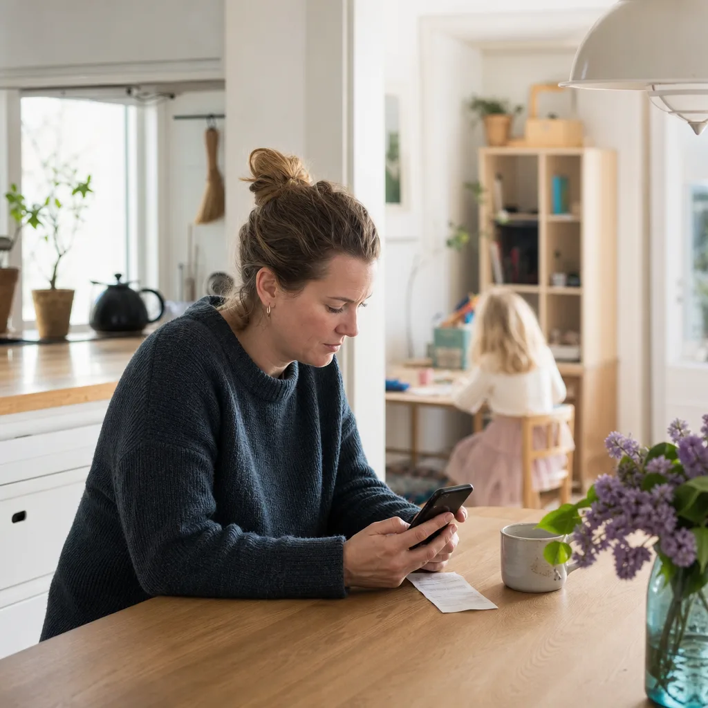 En förälder vid köksbänken med mobilen i handen en morgon