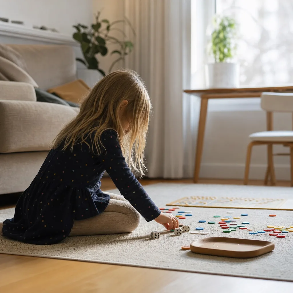 Ett barn som sitter på golvet i vardagsrummet och leker med tärningar och räknebrickor en eftermiddag