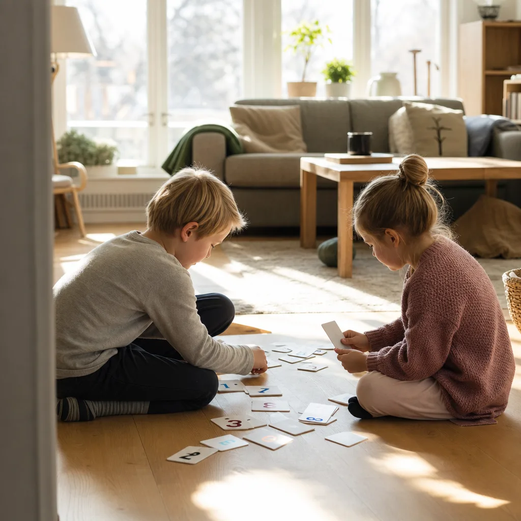 Två syskon sitter på vardagsrumsgolvet och spelar med sifferkort en förmiddag