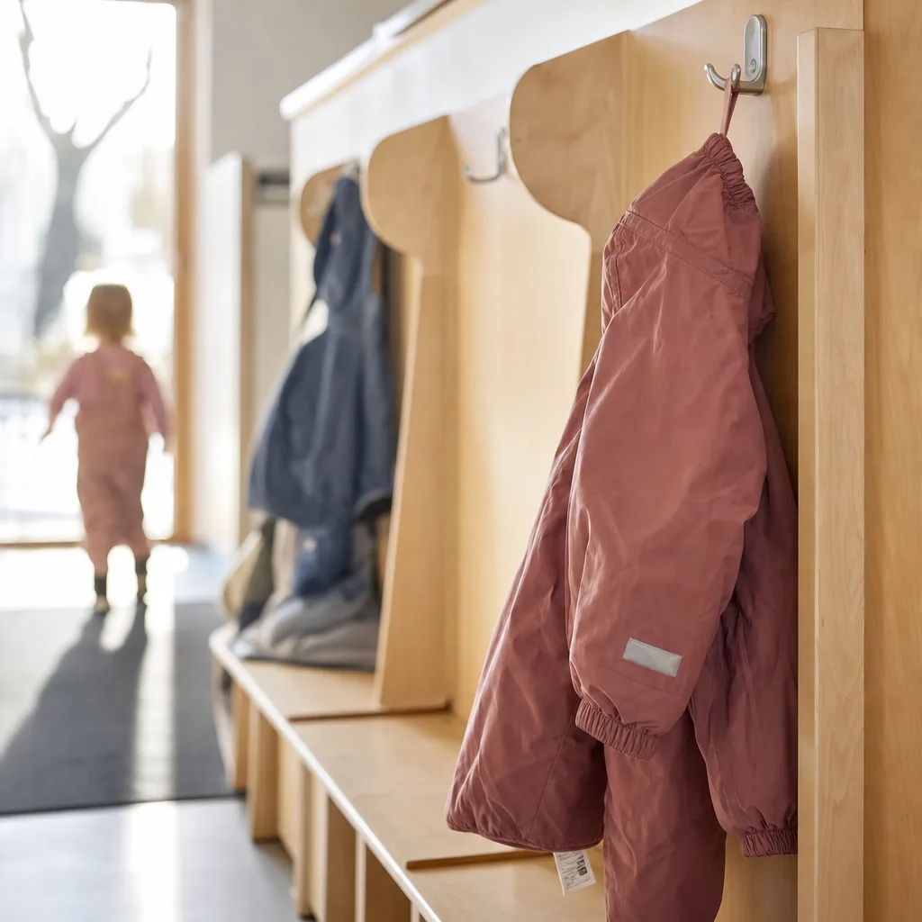 En barnjacka som hänger på en krok i förskolehallen med en namnlapp synlig i kanten