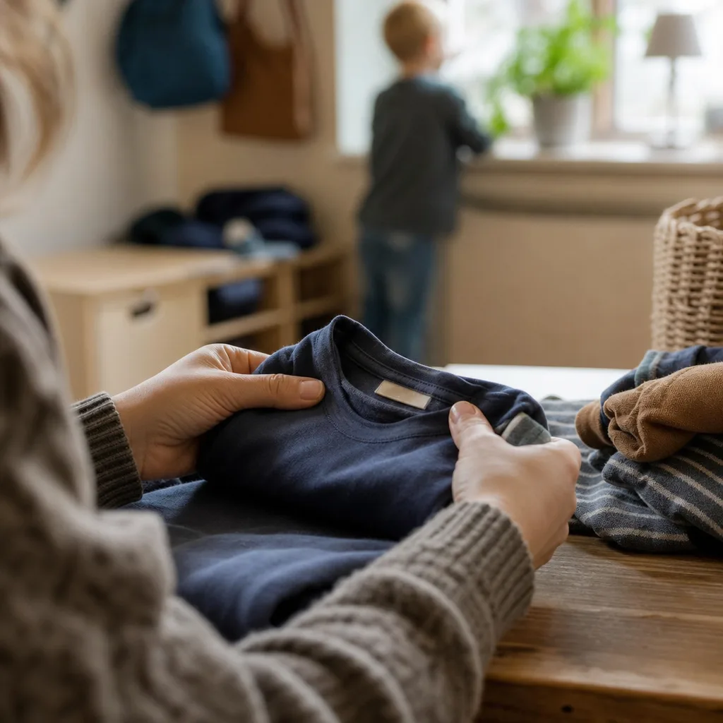 En förälders händer som viker en barntröja med en namnlapp i kanten