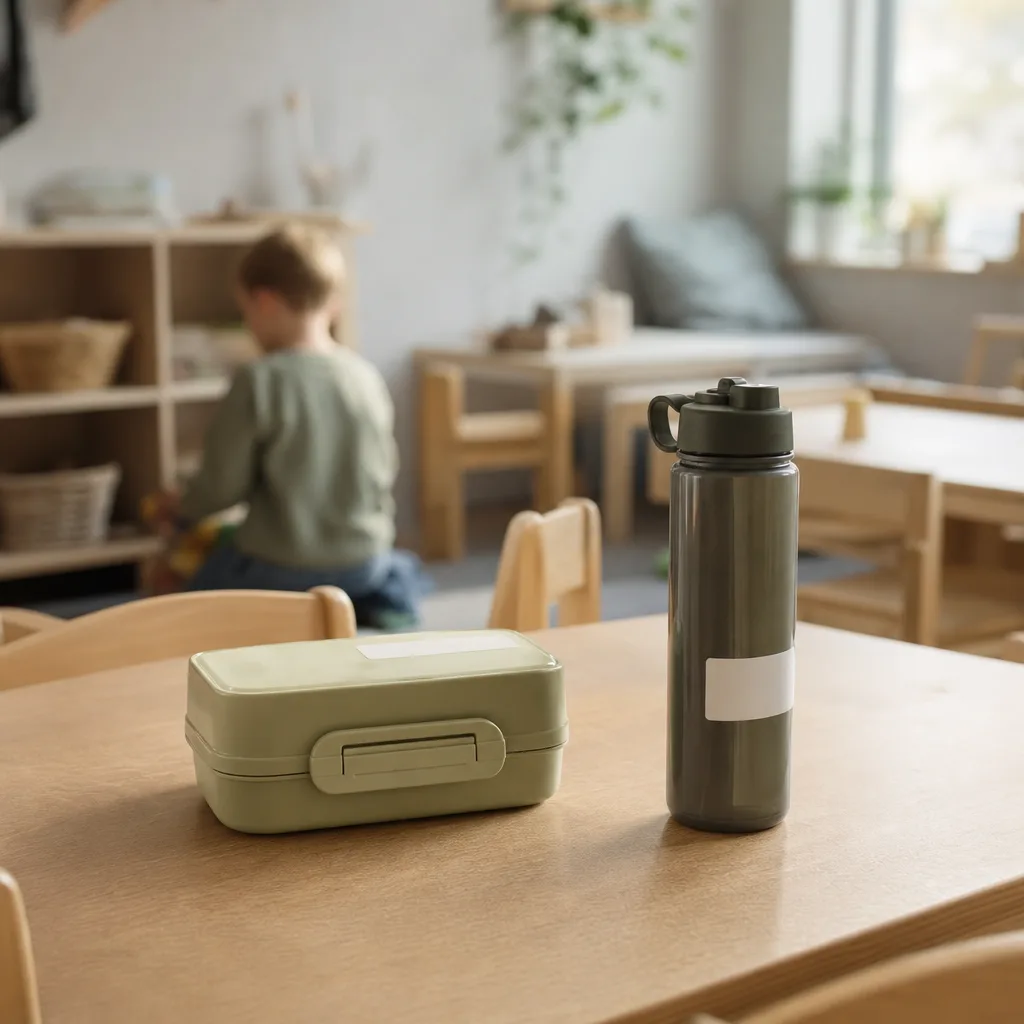 En matlåda och vattenflaska med namnlapp på ett förskolebord