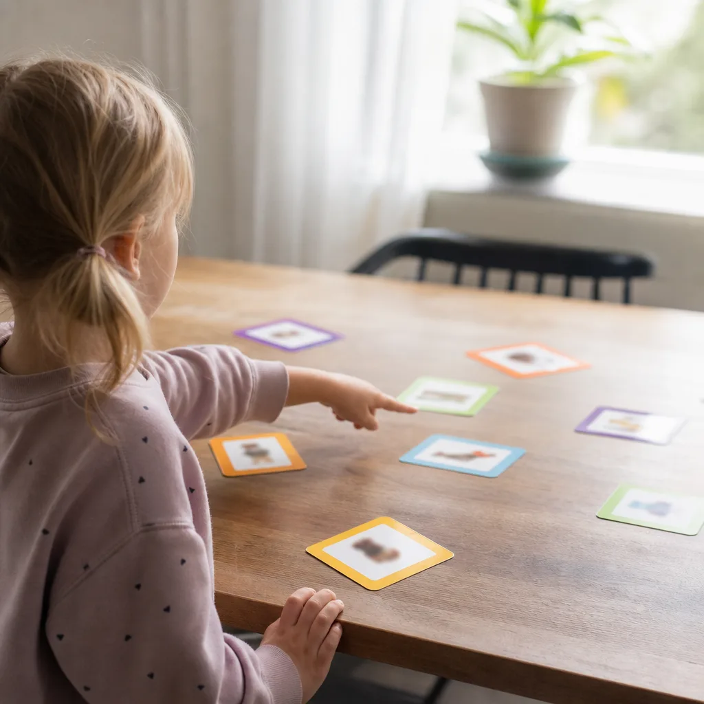 Färgglada namnlappar med motiv utspridda på ett bord medan ett barn pekar på dem