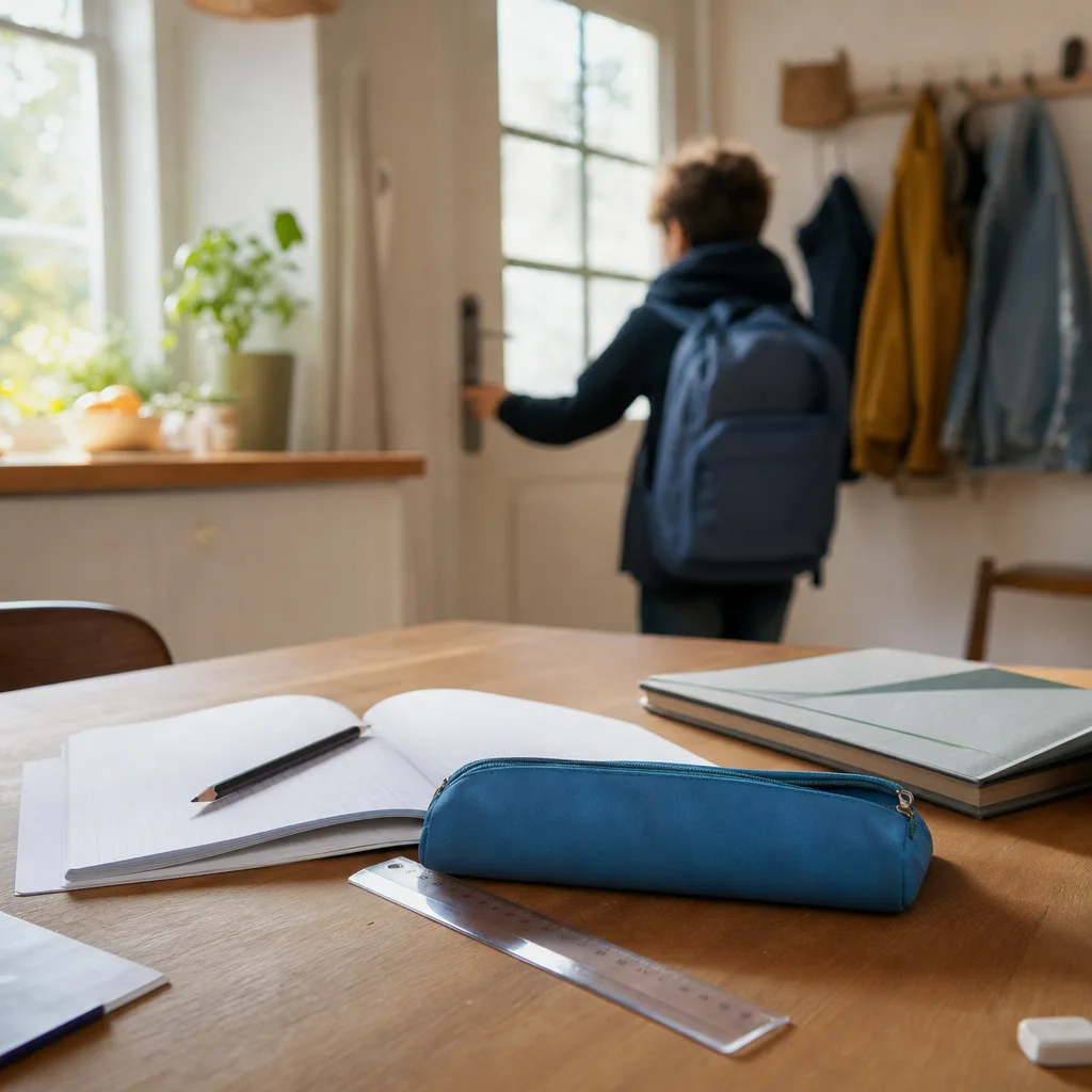 Skolmaterial som linjal och pennfodral med namnlappar på ett skrivbord