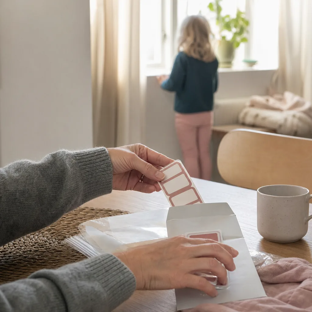 En förälders händer som öppnar ett paket med namnlappar på köksbordet, förmiddagsljus