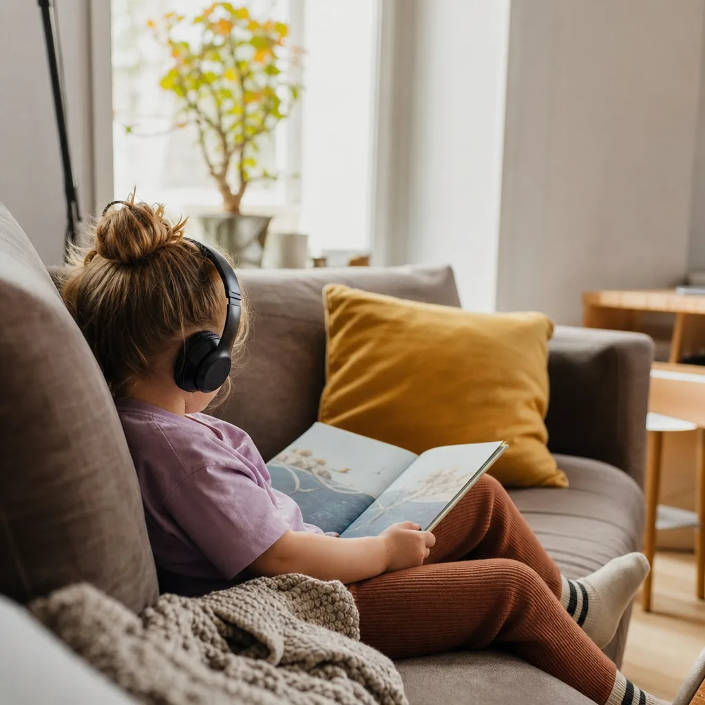 Ett barn i soffan i vardagsrummet med hörlurar och en engelsk bilderbok i knät