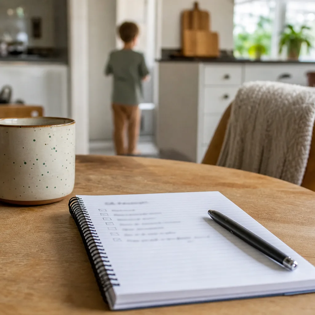 Ett anteckningsblock med en checklista och en penna på ett köksbord i dagsljus